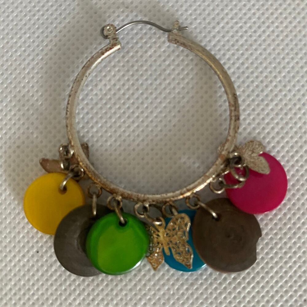 Colorful Boho Hoop Earrings with Butterfly Charms Mixed Disc Dangles 2in - Picture 15 of 17